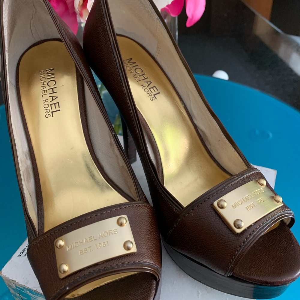 Michael Kors Brown Leather Peep-Toe Pump.